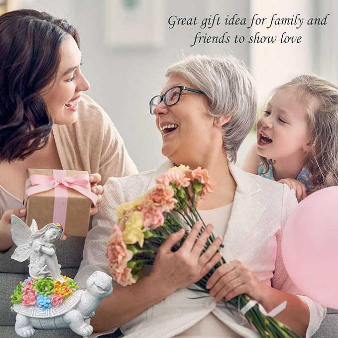 Garden Statues Outdoor Decorations Solar Turtle Angels Decor with Succulents LED Lights Garden Ornaments Figurines for Patio Yard Lawn Gifts for Women Grandma-HomvellaHome