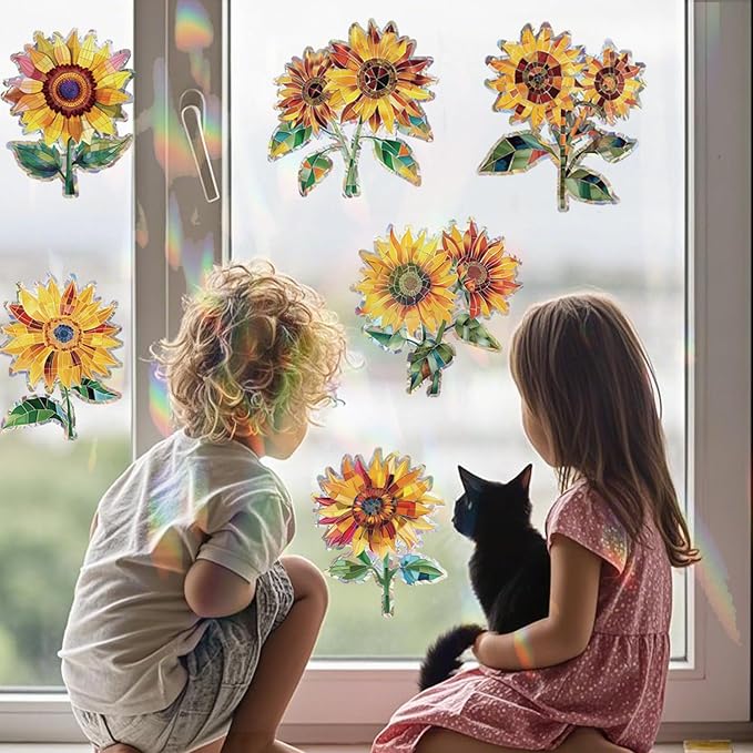 12pcs Window Decals for Bird Strikes, Anti Collision Window Clings, Rainbow Reflection Window Sticker, Sunflower Style Sun Catcher Stickers for Glass Windows-HomvellaHome