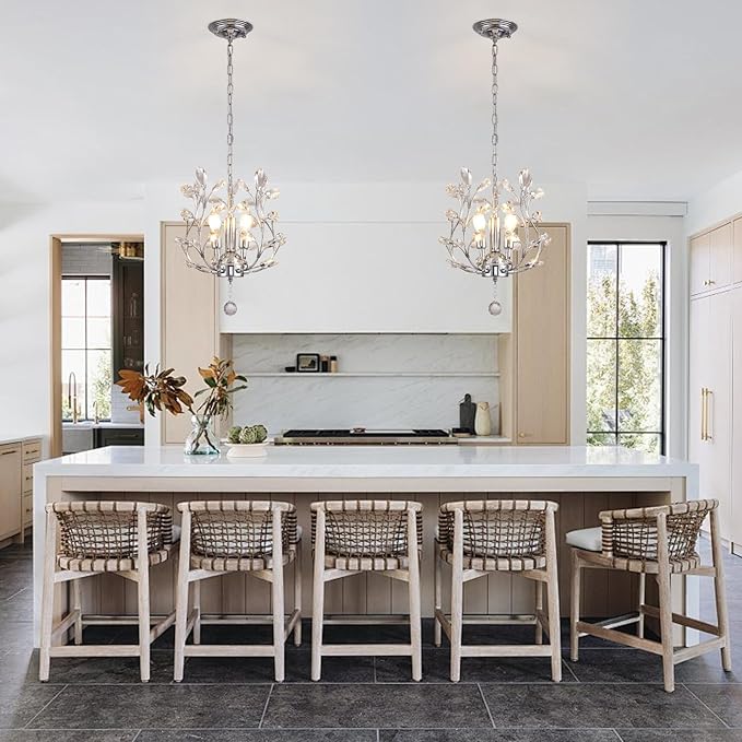 Ganeed 3-Light Branch Crystal Chandelier, Small Flush Mount Vintage Pendant Hanging Lighting, K9 Crystal Farmhouse Ceiling Light for Dining Room Bedroom Living Room Kitchen Hallway, Chrome Silvery-HomvellaHome