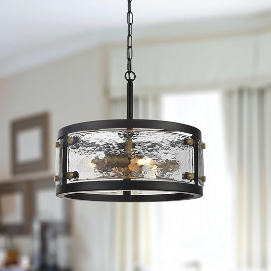 13" Industrial Drum Glass Chandelier, 3-Light Rustic Hanging Pendant Lights, Metal Round Lighting Fixture for Dining Room Foyer Entryway Hallway Bedroom, Clear Waterglass Drum Shade-HomvellaHome