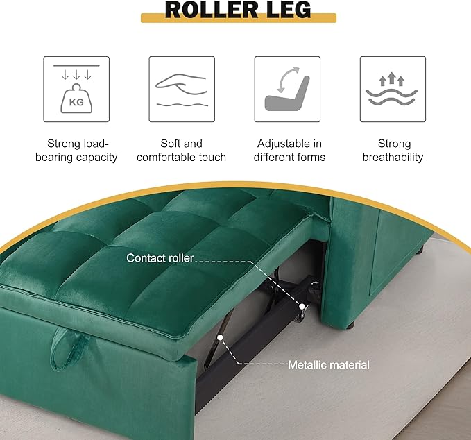 3 in 1 Sleeper Sofa Bed, Futon Sofa Bed for Living Room with Side Pocket, Green Sleepers Sofas Couch with Pullout Beds, Convertible Love Seat Sleepers Couch for Living Room, Bedroom-HomvellaHome