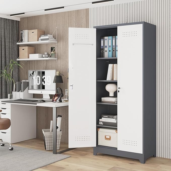 Garage Storage Cabinet,Broom Closet with Lock,Locking Cabinets with Hanging Rod & S-Hooks for School,Garage,Grey-White-HomvellaHome