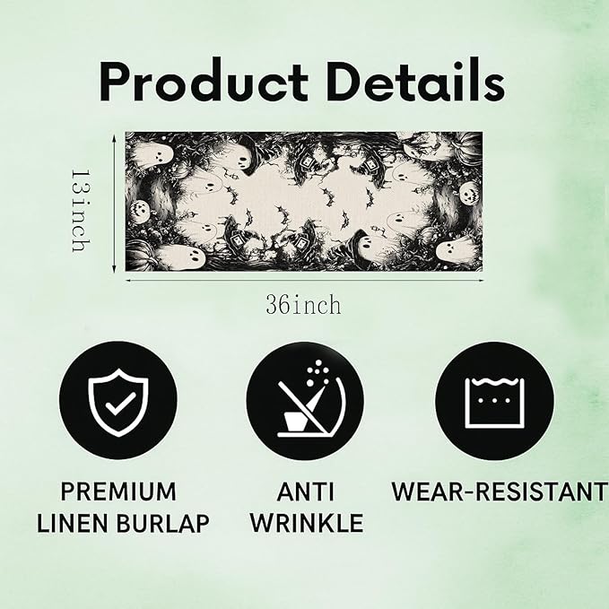 GPGHE Halloween Table Runner Black Ghost Holiday Burlap Table Decoration Indoor Outdoor Home Decor Party Supply 13 x 36 Inch-HomvellaHome