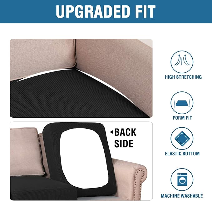 H.VERSAILTEX Super Stretch Individual Seat Cushion Covers Sofa Covers Couch Cushion Covers Slipcover Sets Thick Jacquard Textured Twill Fabric (2 Piece Large Sofa Cushion Covers, Black)-HomvellaHome