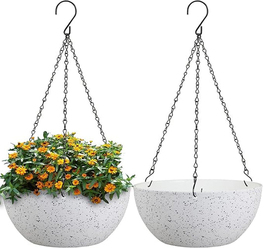 10 inch Hanging Planters for Outdoor Indoor Plants with Drainage Holes and Chain, 2 Pack Round Hanging Flower Plant Pots for Garden Home Porch Decor, Speckled White-HomvellaHome
