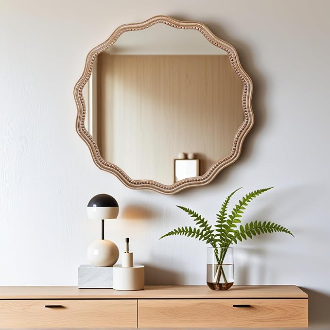Round Mirror Vanity Mirrors for Bathroom with Wavy Wood & Beaded Frame - Wall Mirrors for Living Room,Entry Mirrors for Wall,Decorative Mirror-HomvellaHome