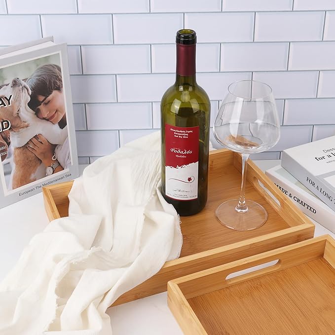 2 Pack Large Bamboo Serving Tray with Handles, 14 x 10 inch Wooden Dinner Tray, Home Kitchen Breakfast Trays for Living Room Bedroom Kitchen Dinner Table, Picnic-HomvellaHome