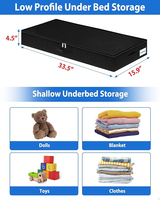 Under Bed Storage Containers, Low Profile Underbed Storage Bin 4.5 Inches Tall Clothes Storage Organizer With Rigid Side & Bottom, Shallow Thin Under Couch Dresser Storage Dorm With Lid - 2Pcs Black-HomvellaHome