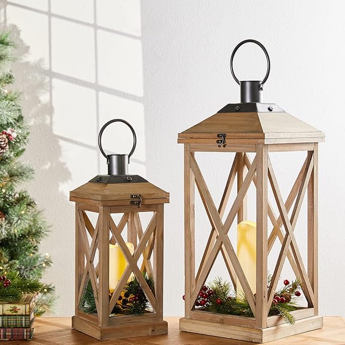Glitzhome Mondern Farmhouse Wood Metal Lanterns Decorative Hanging Candle Lanterns Set of 2, Natural (No Glass)-HomvellaHome