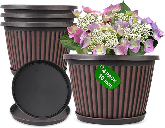 10 Inch Planter-Pots-for-Plants-Indoor-Outdoor, 4 Pack Plastic Flower Pots with Saucer & Drainage Holes, Modern Decorative Resin Garden Pots-HomvellaHome