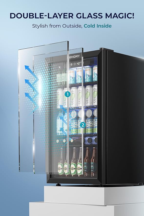 EUHOMY Beverage Refrigerator and Cooler, 128 Can Mini fridge with Glass Door, Small Refrigerator with Adjustable Shelves for Soda Beer or Wine, Home/Bar/Office, Black-HomvellaHome