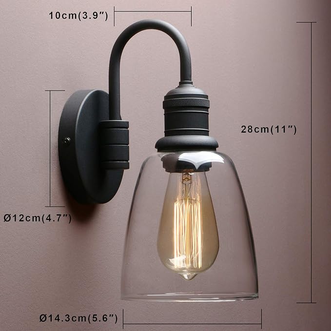 1-Light Vintage Wall Sconce, Yosoan Black Industrial Fixture Light with Elegant Gooseneck Curved Rod, Indoor Clear Glass Shade Wall Lamp Lighting for Bathroom Porch Kitchen Living Room Restaurant-HomvellaHome