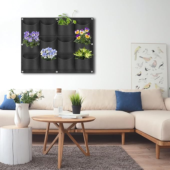 12 Pockets Hanging Planter Bags, Hanging Vertical Wall Mounted Plant Planting Grow Bags, Herb Garden Planter Outdoor Indoor Growing Bag, Gardening Vertical Greening Flower Container(0.6m×0.8m, Black)-HomvellaHome