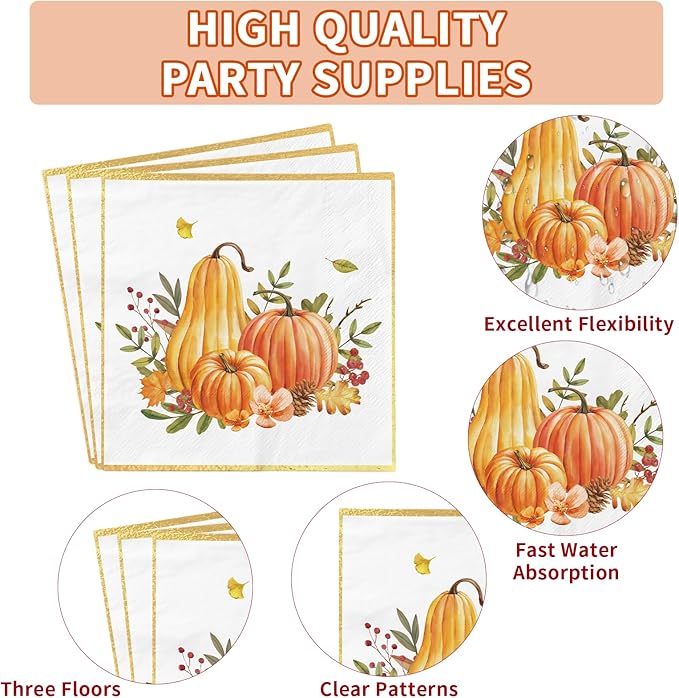Grencian 200Pcs Fall Plates and Napkins Thanksgiving Plates Pumpkin Flower Wreath Plate Disposable Pumpkin Tableware Fall Party Supplies for Autumn Harvest Thanksgiving Party Decorations, Serves 50-HomvellaHome