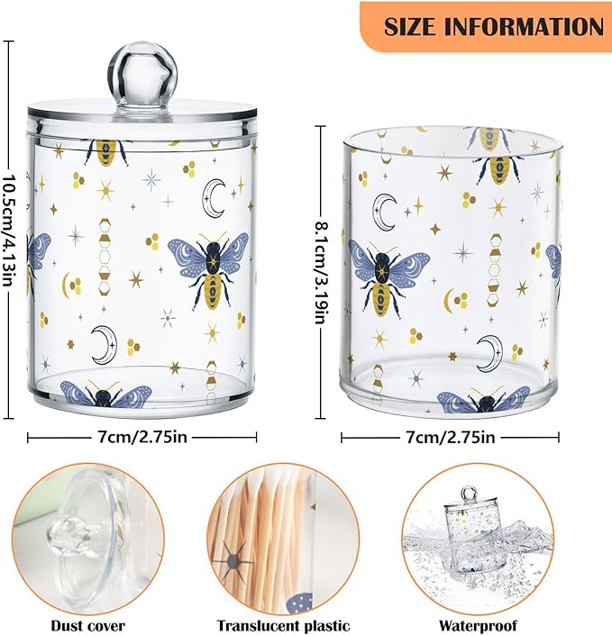2 Pack Qtip Holder Organizer Dispenser Bee Boho Honeybee Insect Bathroom Storage Canister Cotton Ball Holder Container for Cotton Pads/Swabs/Floss-HomvellaHome