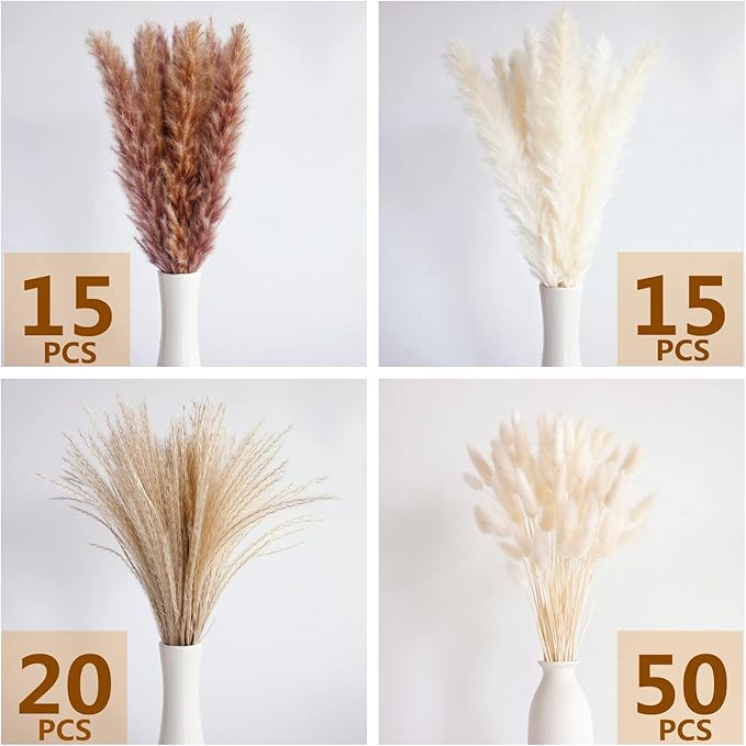 100 PCS Dried Flowers Pampas Grass Bouquet, Boho Table Decor, Bunny Tails Dried Flowers, Brown Pompas, White Pampas Grass for Wedding, Home, Rustic Party, Baby Shower Decorations-HomvellaHome
