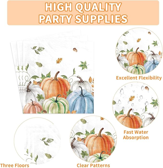 Grencian 200Pcs Fall Plates and Napkins Square Autumn Pumpkin Plates Thanksgiving Paper Platter Tableware Sets for Thanksgiving Harvest Party Decorations, Serves 50-HomvellaHome