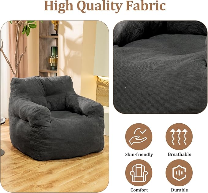 Giant Bean Bag Chair, Large Bean Bag Chair for Adults, Fluffy and Comfy Bean Bag Chair with Filler, Big Bean Bag Sofa Chair for Reading, Stuffed High-Density Foam, Grey-HomvellaHome