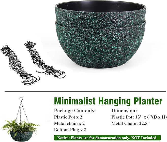 13inch Large Hanging Planters Pots for Outdoor Indoor Plants with Drainage Holes and Chain, 2pack Round Hanging Flower Pots for Garden Home Porch Decor, Black with Green Speckles-HomvellaHome
