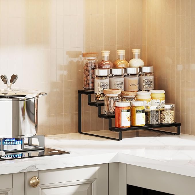 Giikin 4 Tier Spice Rack, Cabinet Organizer Shelf, Wooden Spice Rack for Countertop, Kitchen Counter Storage Shelves Cupcake Stand Holder Display Stand, Black-HomvellaHome