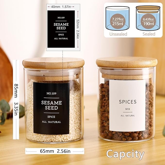 12 Pcs Glass Spice Jars With 296 Spice Labels Preprinted of White and Black Color- 6oz Thicken(2.4mm) Spice Containers With Bamboo Airtight Lids - Empty Small Herb Seasoning Jars-HomvellaHome