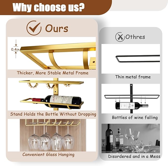 16 Bottle Wall Mount Wine Rack with Wine Glass Holder, Metal Wine Wall Rack, Wall Racks for Wine Bottles Display and Storage, Hanging Bottle Organizer for Living Dining Room Wine Cellar Bar (Gold)-HomvellaHome