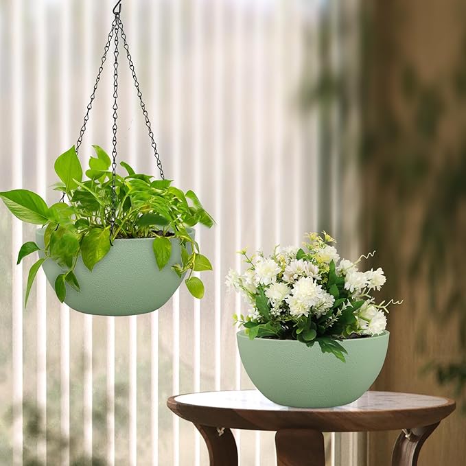 10 inch Hanging Planters Plant Pots for Indoor Outdoor Plants, 2 Pack Hanging Flower Pots with Drainage Holes and Chain for Garden Porch, Plastic Hanging Baskets for House Plants, Green-HomvellaHome