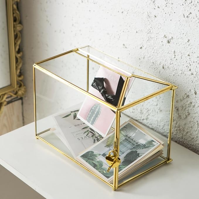 Glass Wedding Card Box with Slot, Large Clear Card Box 10.2 inch Gold Brass Gift Card Storage Box with Lock for Wedding Receptions, Baby Shower, Birthday Party, Bridal Shower-HomvellaHome