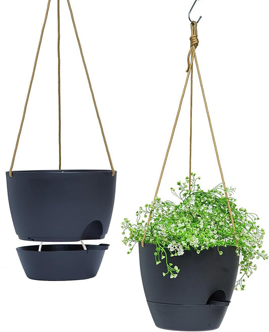 10 Inch Self Watering Hanging Pots, 2 Pack Hanging Planters with 40oZ Deep Reservior for Indoor Outdoor Plants Flowers, Black-HomvellaHome