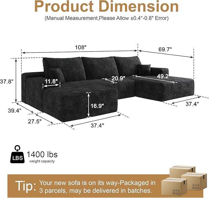 108" Sectional Couches for Living Room Modern Modular Sofa with L-Shape Couchs Upholstered Boneless Couch Deep Seat Sectional Couch with Chaise (Black, Right Facing Chaise+2Seaters+1Ottoman)-HomvellaHome