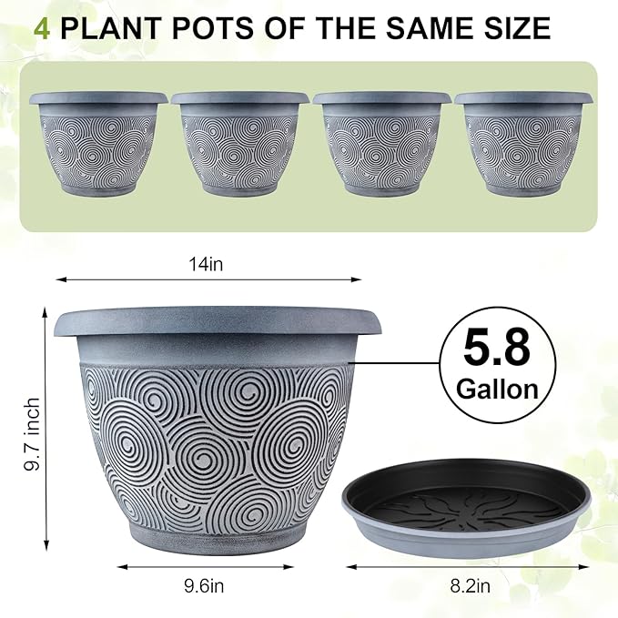 14 Inch Large Planter Pot for Plants Indoor Outdoor, 4 Pack Plastic Flower Pots with Drainage Hole & Tray, Modern Decorative Garden Pot with Saucer, Plant Container for House-HomvellaHome