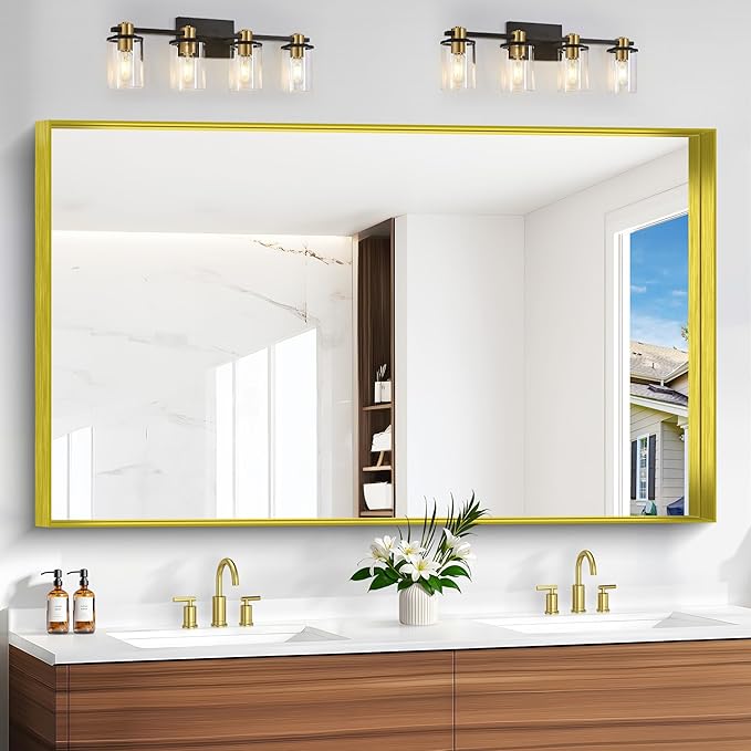 Gold Bathroom Mirror, 36x60 Inch Rectangular Deep Frame Mirror, Large Wall Mounted Bathroom Vanity Mirror Over Sink for Bedroom,Restroom, Living Room, Hangs Vertically or Horizontally-HomvellaHome