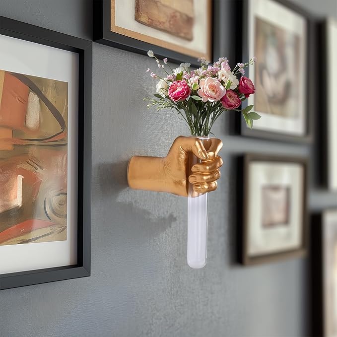 Gold Wall Sculptures, Hand Vases Home Decor, Wall Mount Art Sculpture, Unique Wall Art Statue, Funky Flower Vase Decorations, Modern Eclectic Hanging Decor,Glass Test Tube Vase-HomvellaHome