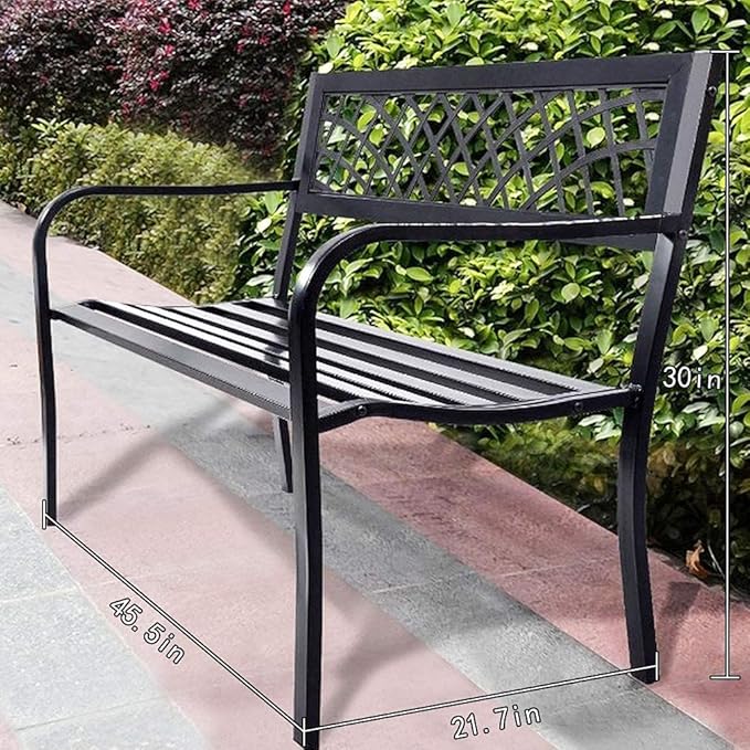 Garden Bench,Outdoor Benches,Iron Steel Frame Patio Bench with Mesh Pattern and Plastic Backrest Armrests for Lawn Yard Porch Work Entryway,Black-HomvellaHome