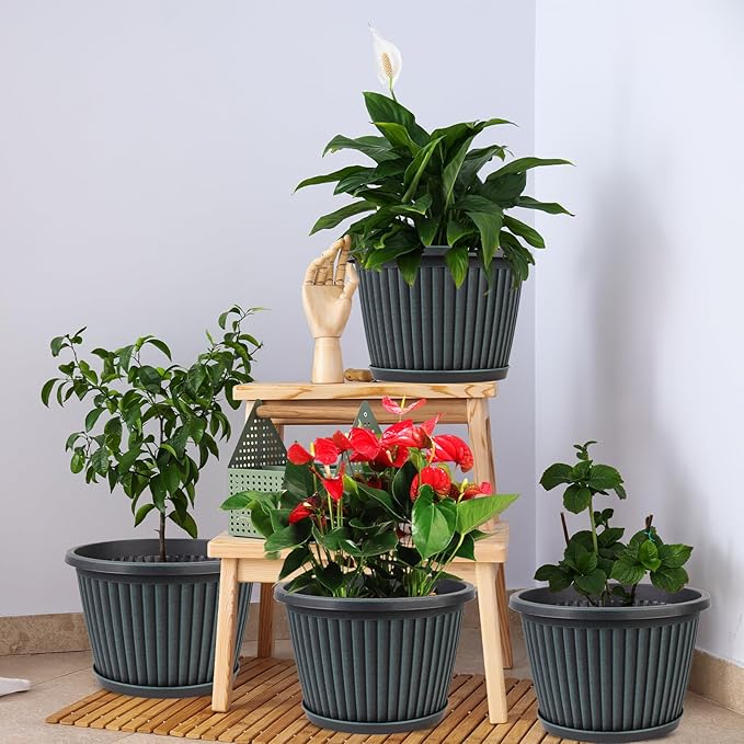 10 Inch Planter-Pots-for-Plants-Indoor-Outdoor, 4 Pack Plastic Flower Pots with Saucer & Drainage Holes, Modern Decorative Resin Garden Pots-HomvellaHome