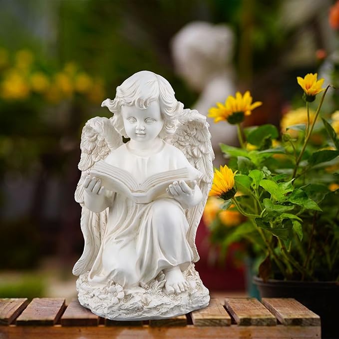Garden Angel Statues for Outside, Solar Angel for Garden with Bible & Cemetery Decorations for Grave, Angel Figurines for Yard Patio Decor & Lawn Ornaments, Gifts for Mom Grandma Women-HomvellaHome