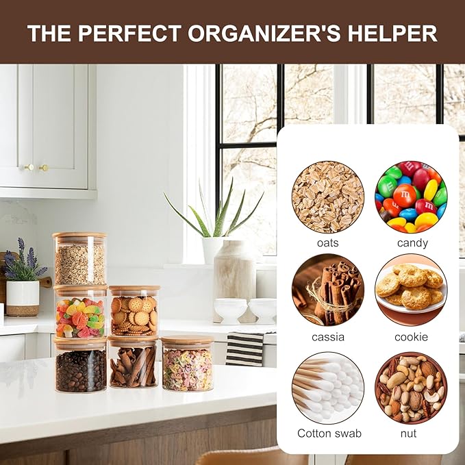 Glass Food Storage Jars 6-Pack - 4x4 in-Clear Glass Food Canisters with Bamboo Lid Airtight For Serving Tea, Coffee, Flour, Sugar, Candy, Cookie, Spice and More (Circular)-HomvellaHome