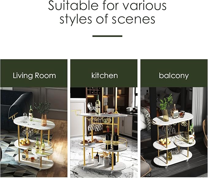 Gold Bar Carts with 4-Tier Storage Shelves, Mobile Bar Serving Cart with Wine Rack and Glass Holder, for The Home, Kitchen, Living Room, Dining Room-HomvellaHome