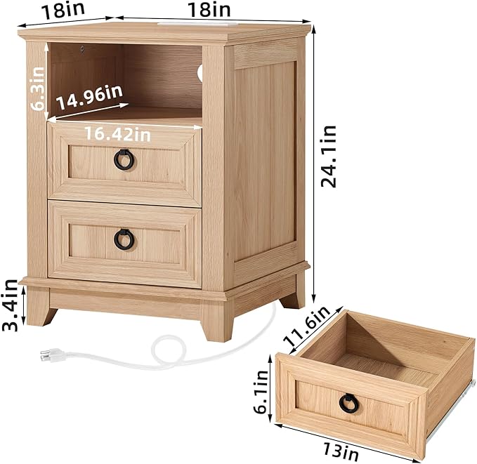 18" Farmhouse Night Stands Set of 2 with Charging Station, 2 Drawers Bedside End Table, Natural Wooden Nightstand, Bed Side Table Cabinet with Open Shelf for Bedroom Living Room Office-HomvellaHome