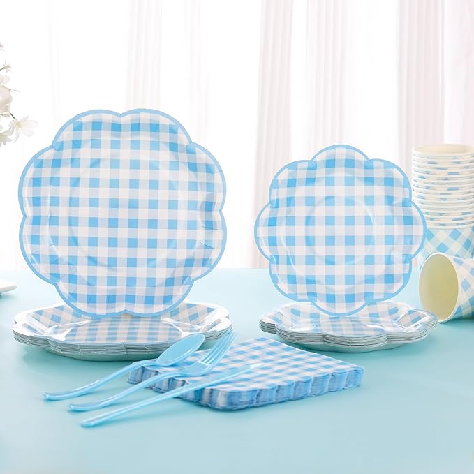 175 Pcs Blue Gingham Plates and Napkins Party Supplies - Blue and White Checkered Plates Sets Serve 25 Guests - Scalloped Gingham Paper Plate for Birthday Dinner Wedding Baby Shower Party Decorations-HomvellaHome