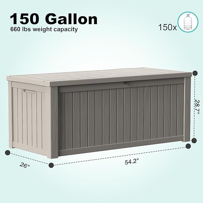 150Gal Outdoor Deck Box Waterproof, Lager Patio Storage Box Indoor and Outdoor Use, Lockable Resin Storage Bin for Patio Furniture Cushions Garden Tools, Package Delivery,UV Resistant-Grey-HomvellaHome
