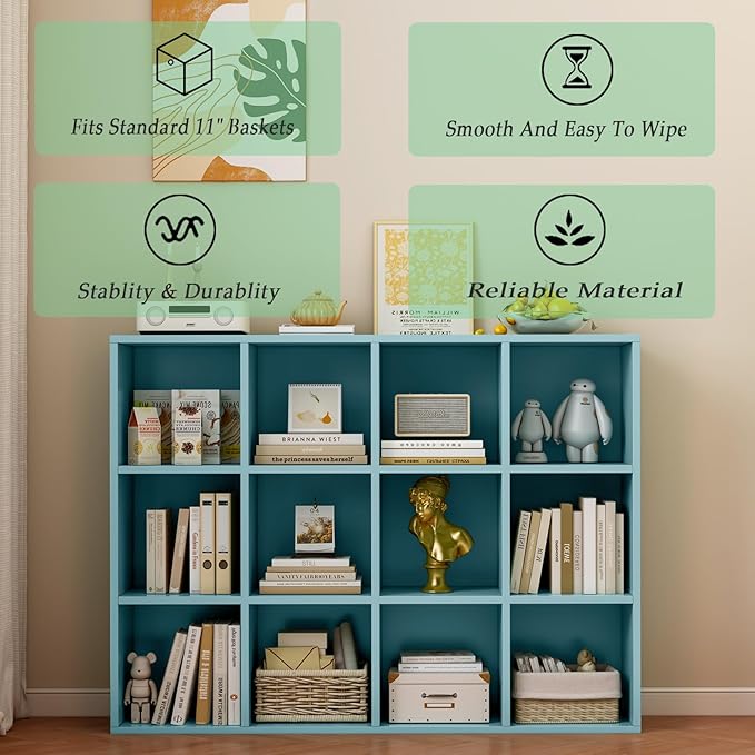 12-Cube Storage Shelf Bookcase - Wooden 3-Tier Floor Standing Open Bookshelf for Home and Office, Display Cabinet, Light Blue-HomvellaHome