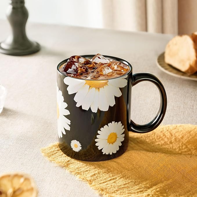 12Oz Daisy floral Black Ceramic Mug, Mug for Daily Coffee and Tea, Lead-free Microwave and Dishwasher Safe Coffee Mug, Perfect gifts for Women and men-HomvellaHome