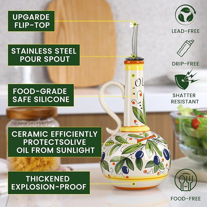 18 oz Ceramic Olive Oil Dispenser Bottle for Kitchen, Large Capacity Oli and Vinegar Cruet with Stainless Steel Spout, 540 ml Oil Container with Handle for Cooking Preventing, Vinegar Cruet-HomvellaHome