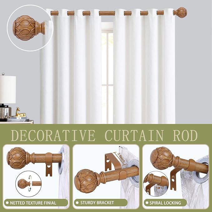 2 Pack Wood Curtain Rods for Windows 66 to 120 Inch,1 Inch Adjustable Curtain Rod Set,Heavy Duty Curtain Rods,Wooden Netted Texture Drapery Rods,Single Window Curtains Rods 66-120",Brown Wood-HomvellaHome