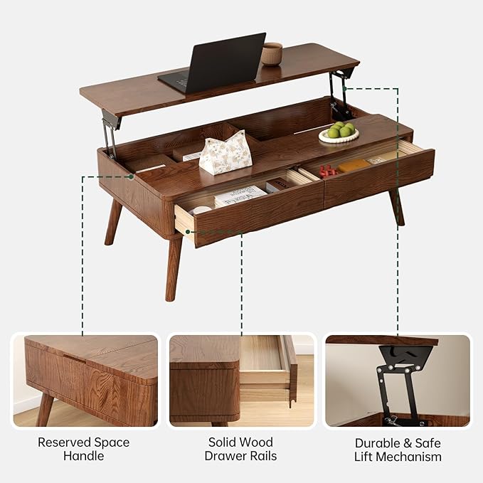 100% Solid Wood Lift Top Coffee Table for Living Room, Mid Century Modern Tables with Drawers and Large Storage, Oak Wood Coffee Tables for Small Spaces (Oak Walnut Color, 47.24"W x 23.62"D x 25.59"H)-HomvellaHome