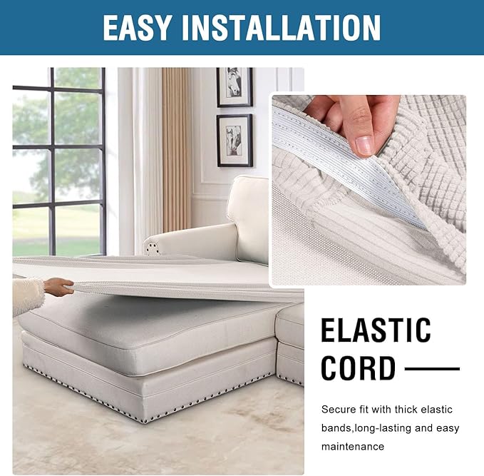 H.VERSAILTEX Super Stretch Individual Chaise Cover Sectional Couch Covers for L Shaped Sofa Both Left/Right Featuring Thick Jacquard Textured Twill Fabric (1 Piece Chaise Cover Large, Ivory)-HomvellaHome