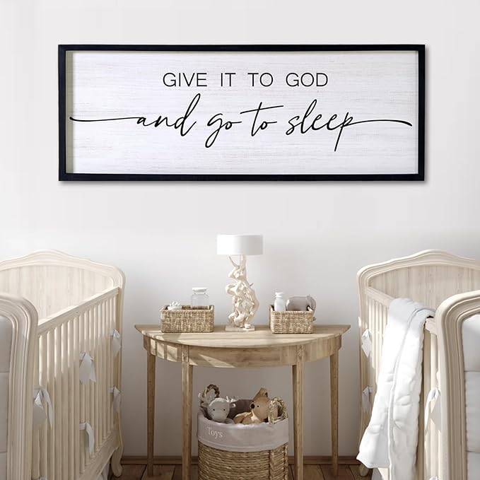Give It to God and Go to Sleep Decorative Rustic Sign & Plaque Framed Wall Art for Couples, 40''×15'' Cottagecore Wooden Horizontal Wall Decor Above Bed, Vintage Farmhouse Wedding Gift for Bedroom-HomvellaHome