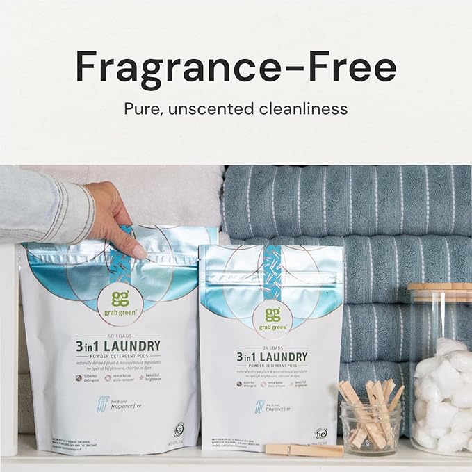 Grab Green 3-in-1 Laundry Detergent Pods, 60 Count, Fragrance Free, Plant and Mineral Based, Superior Cleaning Power, Stain Remover, Brightens Clothes-HomvellaHome