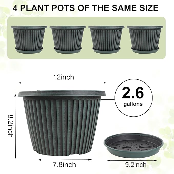 12 inch Plant Pots Indoor Outdoor, 4 Pack Large Planter, Plastic Flower Pots with Saucer and Drainage Holes, Modern Decorative Resin Garden Pots for House Plants-HomvellaHome